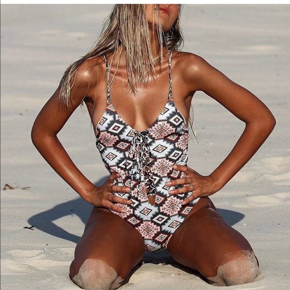Aztec Geo Tribal Print Strappy Sexy Lace-up Swim - Picture 2 of 5